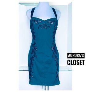 Free People 4 Emerald Cotton Beaded Dress Silk Tie Bodycon Sweetheart Sheath